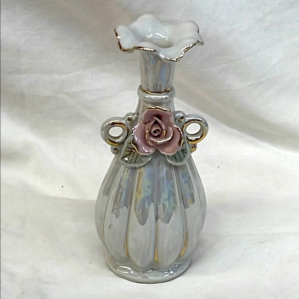 Vintage Chase hand painted porcelain Elegant Vase with Pink Rose Accent 6”